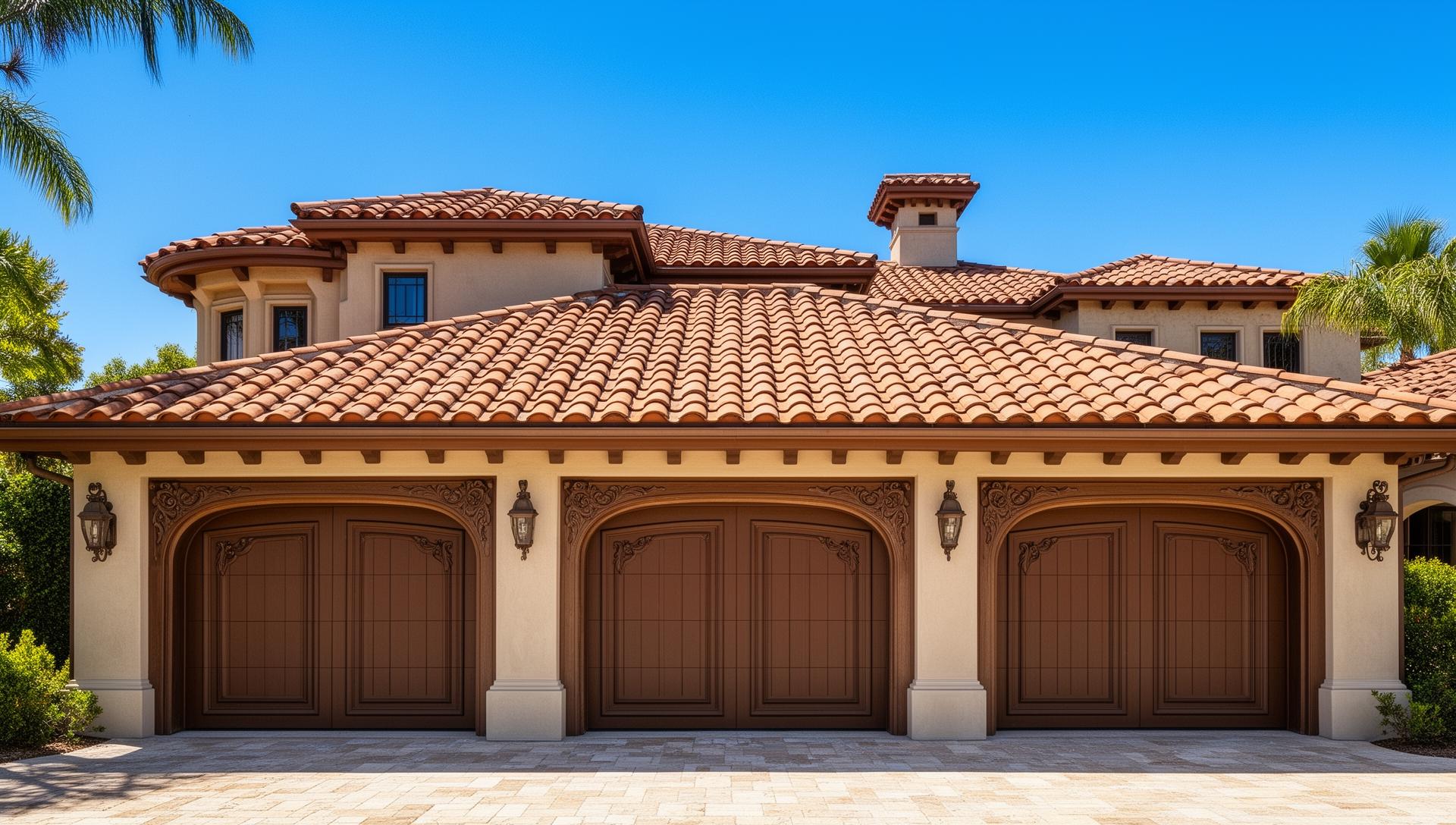 Luxury Mediterranean villa with Victorian style garage doors featuring ornate trim details